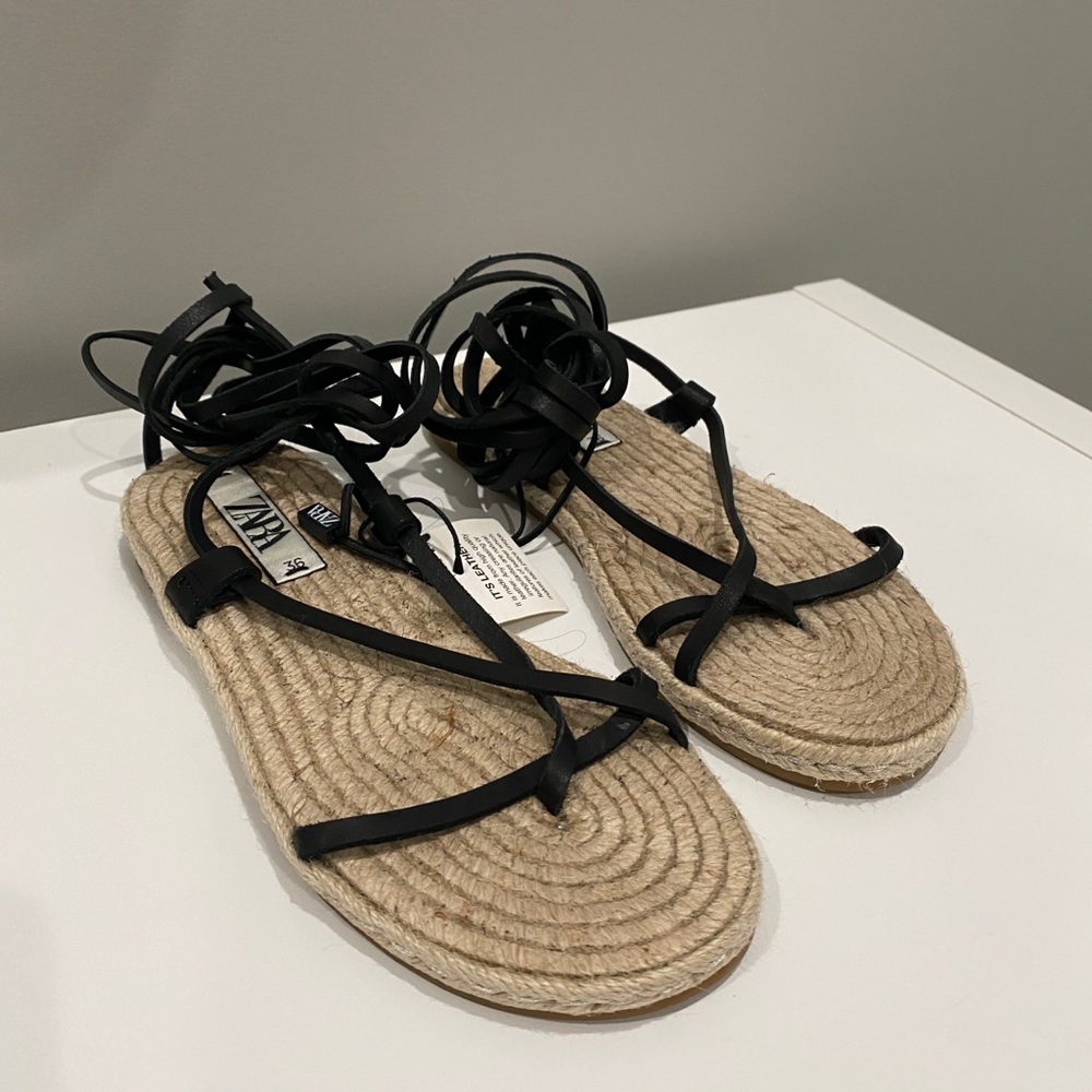 Zara Tied Flat Rope Leather Sandals